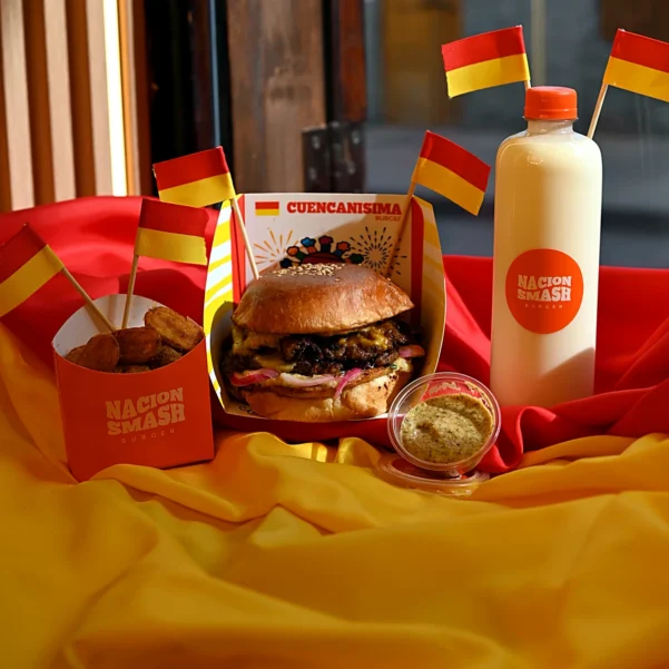 Combo de papa chaucha y jugo de coco junto a la Cuencanísima Burger