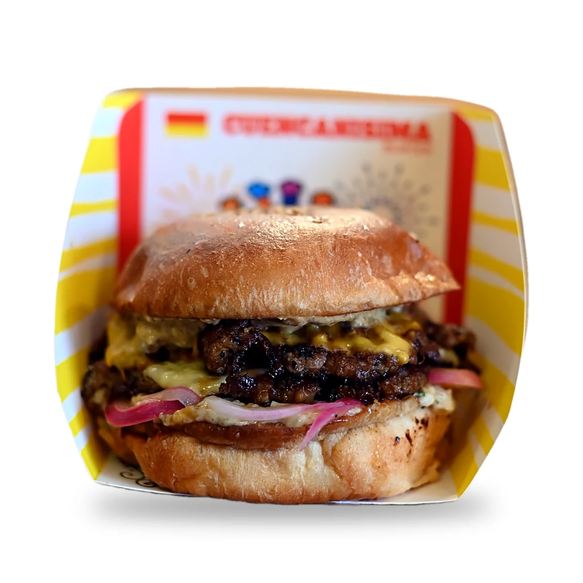 Cuencanísima Burger en pan de papa con cebolla colorada encurtida, Nación Smash Cuenca